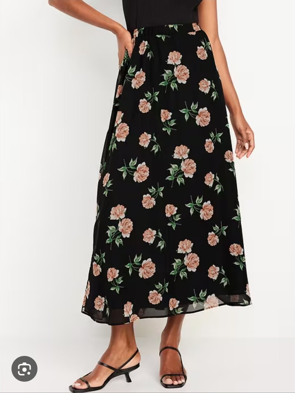 Old Navy Black Floral Chiffon Elastic Waist Feminine Coquette Midi Skirt Medium